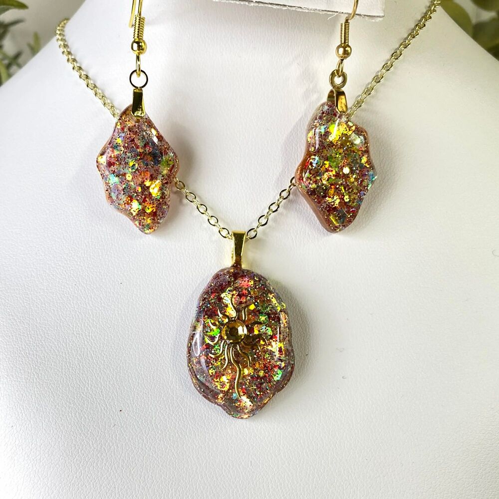 Handmade Gold Glitter Resin Sun Necklace & Earrings Set | Unique Glitter Jewelry